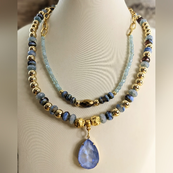 Light Blue Glass Beads In Two Strand Necklace - Picture 2 of 8